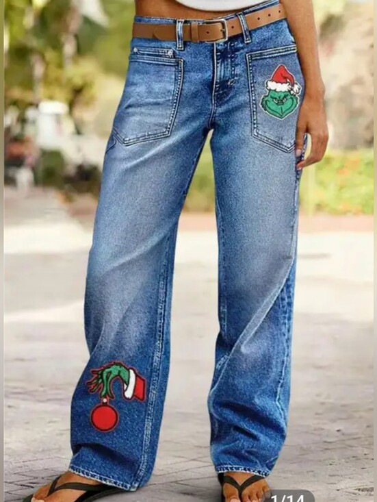 Flamingals Denim - Flamingals Mid-rise Wide-Leg Jeans Holiday Grinch Embroidery NWT Women's 2XL
